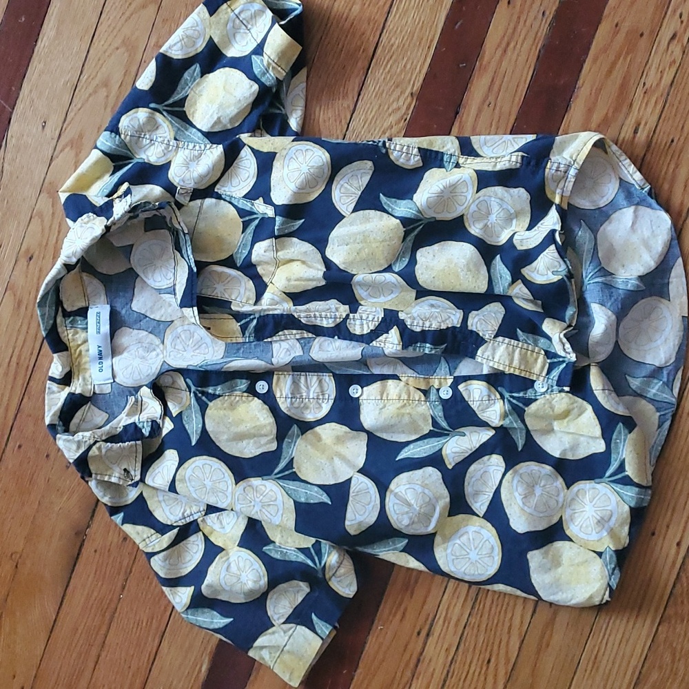 Old Navy Built-In-Flex boys short sleeve lemons button up shirt, size 10-12